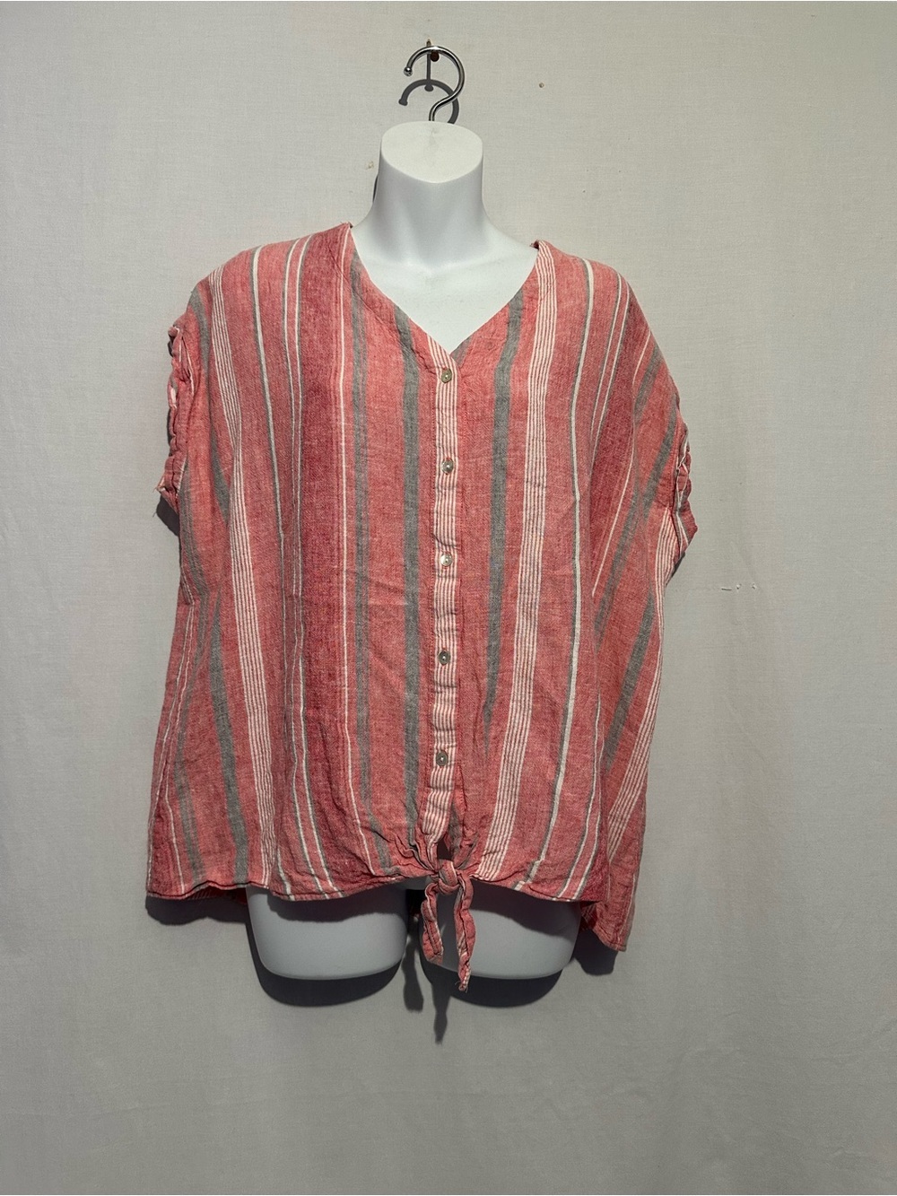 New Directions Pink Striped Tie-Front Blouse Size Large Boho Casual Top